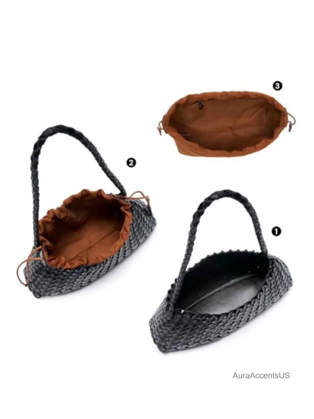 Vegan Leather Woven Hobo Shoulder Bag with Drawstring Pouch